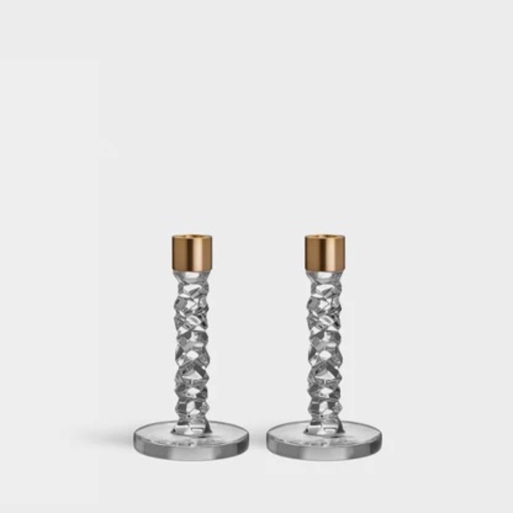 Orrefors Carat Brass Crystal Candlesticks – New in Box